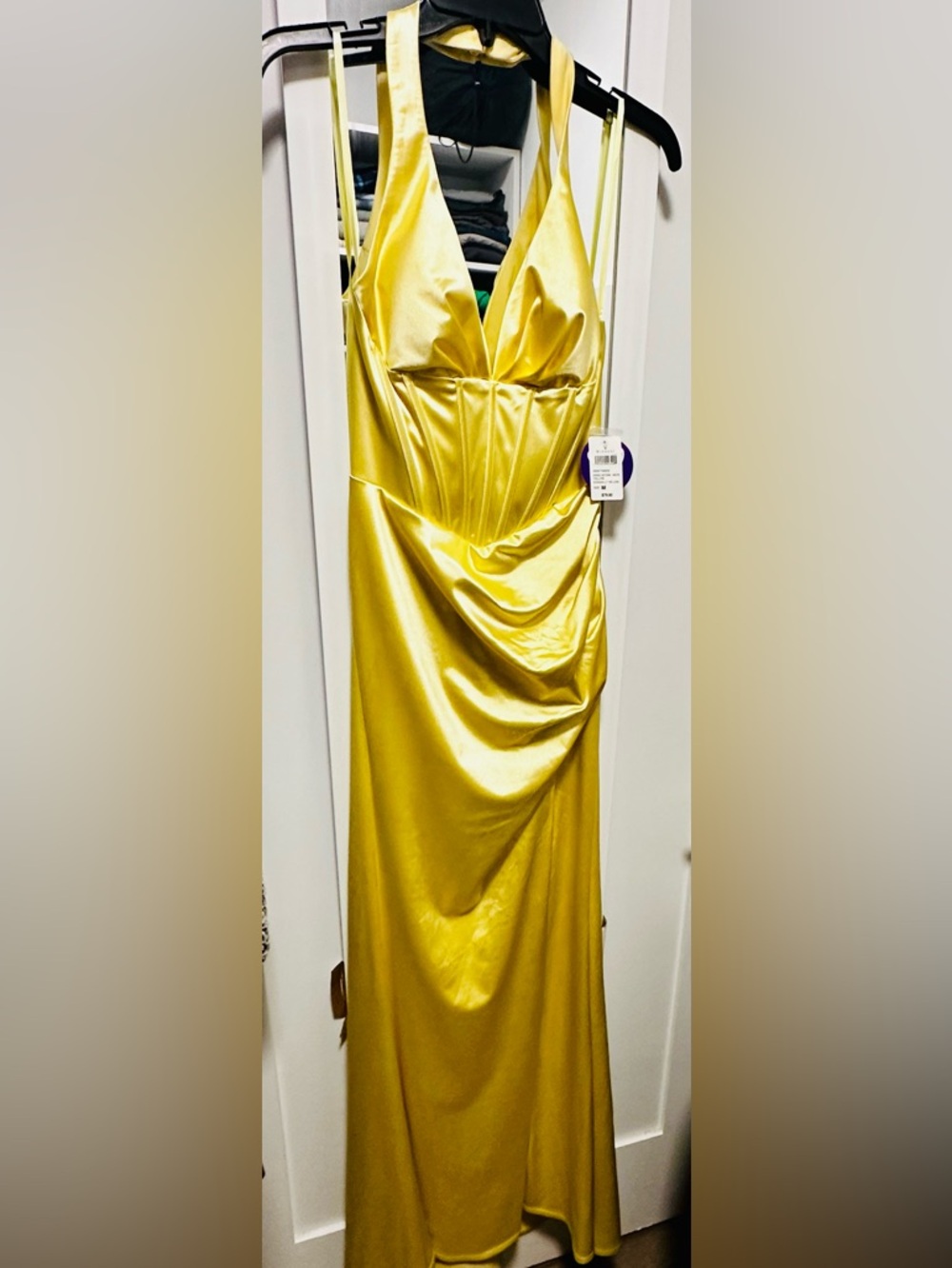 Prom Dress: Yellow Satin Halter Dress (With tags).